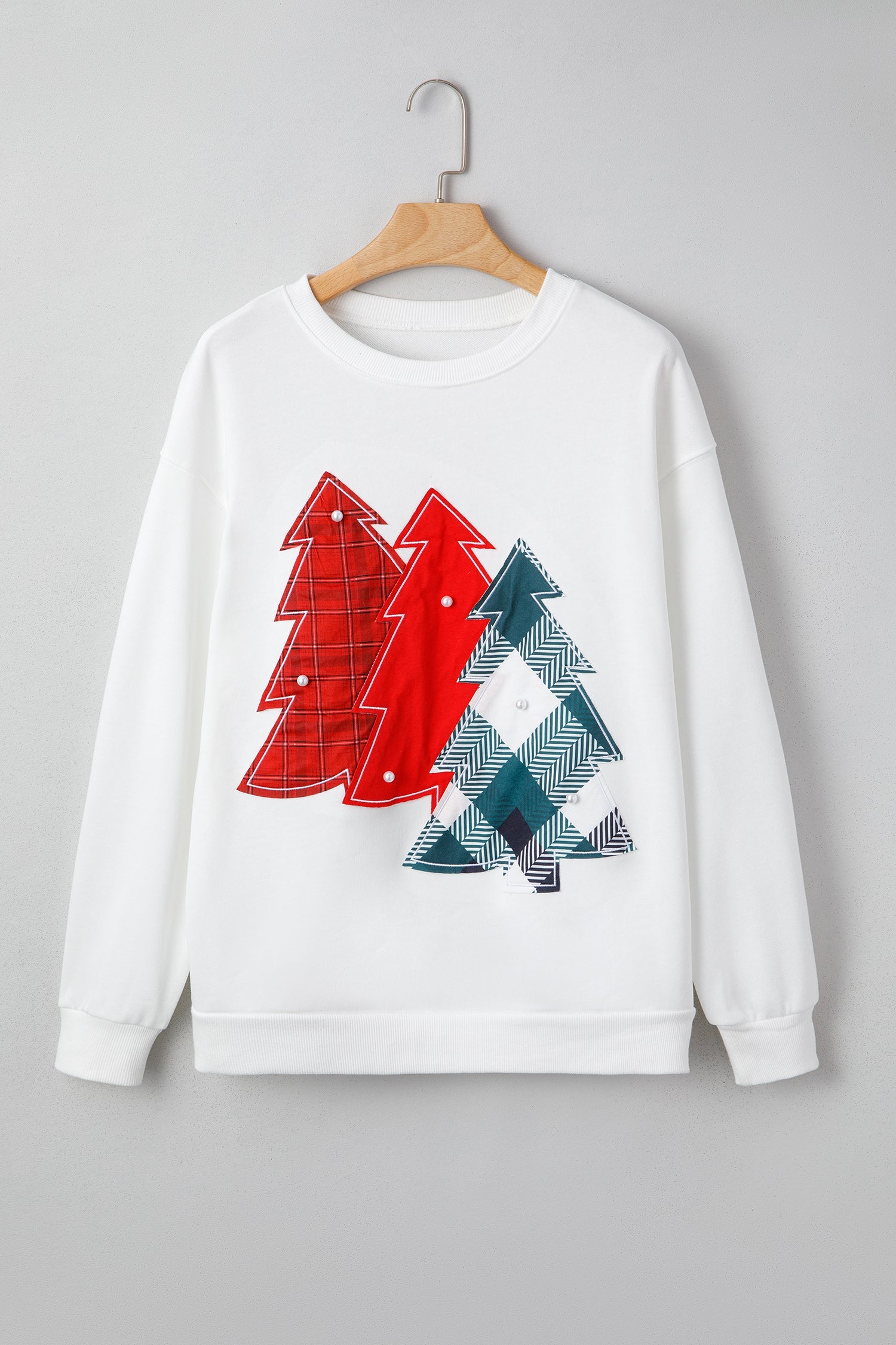 White Pearl Plaid Christmas Tree Patched Drop Shoulder Sweatshirt Dear-Lover Dropshipping