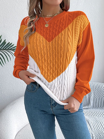 Contrast Round Neck Long Sleeve Sweater