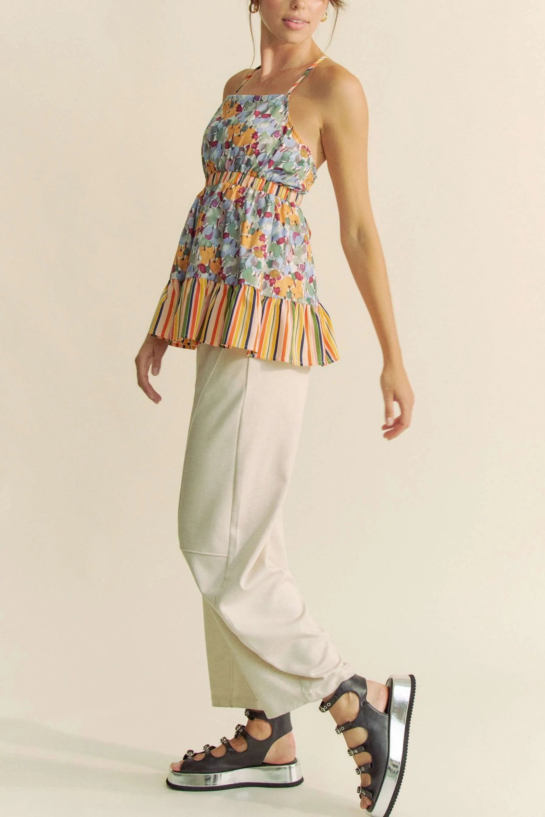 Davi & Dani Floral Smocked Sleeveless Ruffle Back Tie Top - Love Salve 