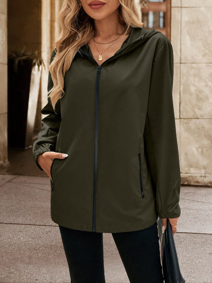 Pocketed Zip Up Hooded Jacket.