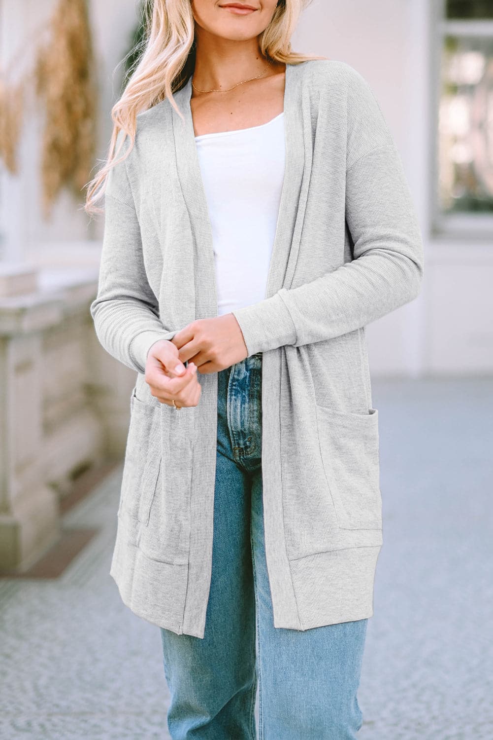 Pocketed Open Front Long Sleeve Cardigan.