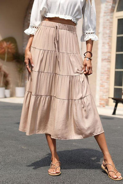 Elastic Waist Tiered Midi Skirt.