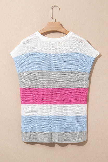 Light Blue Color Block Notch V Neck Sweater T Shirt for Women