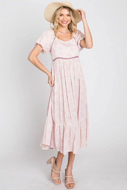 Pink Floral Crochet Accent Midi Dress With Puff Sleeves PinkBlush