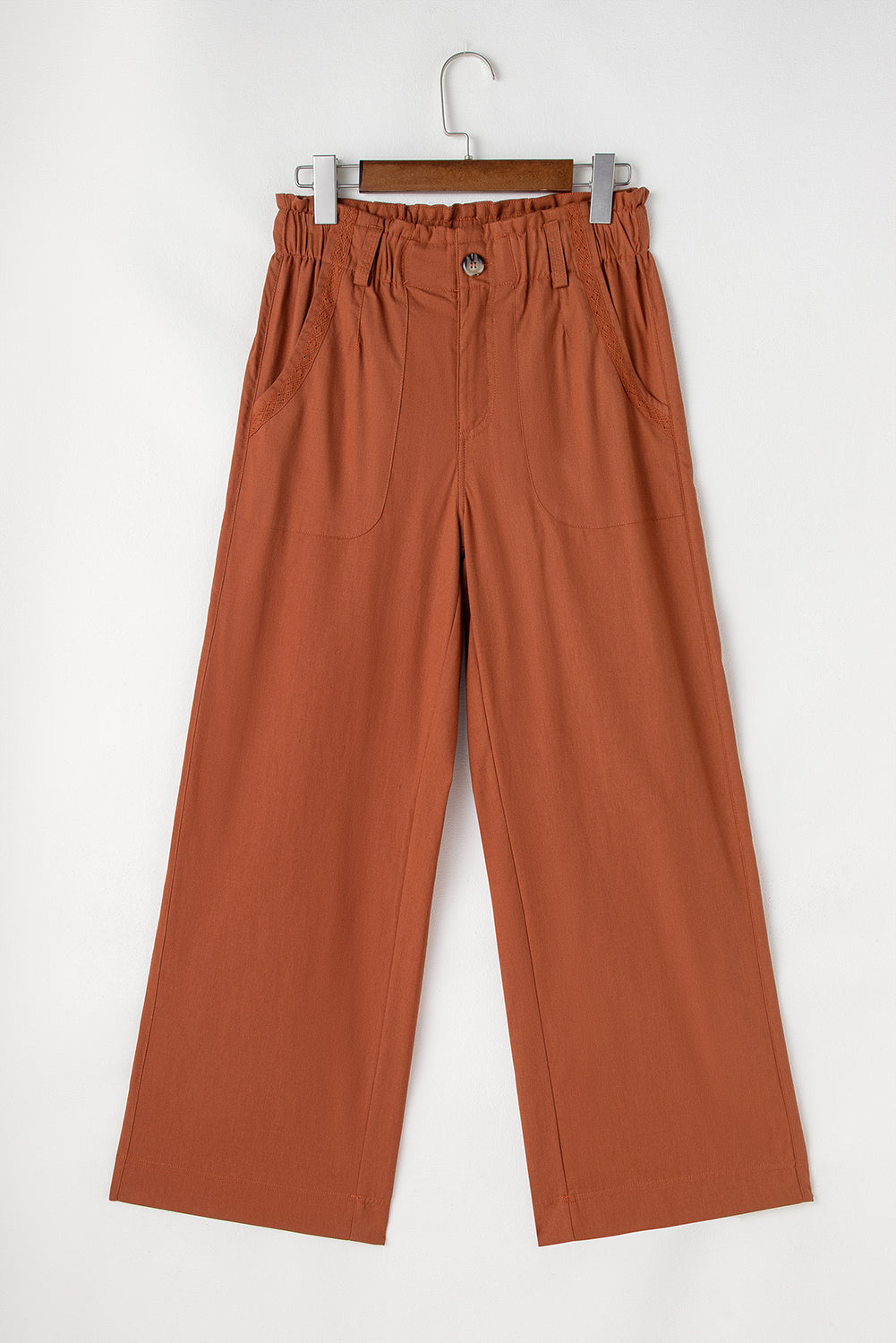 Chic red dahlia elastic waist straight leg pants with pockets