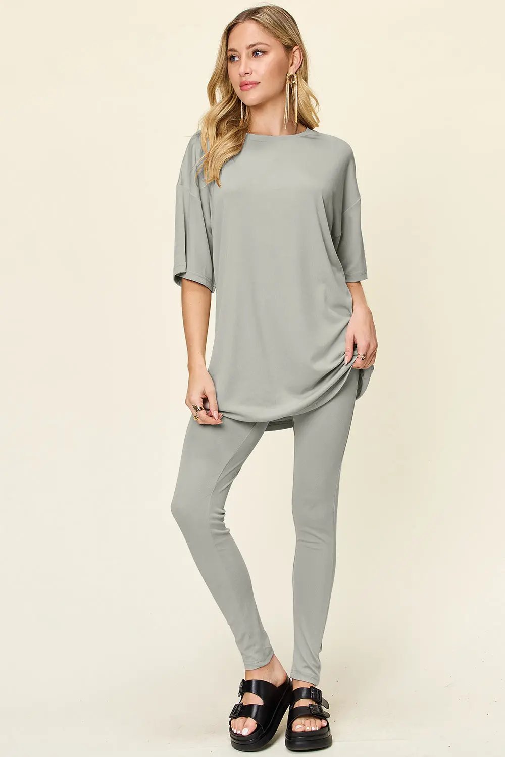 Double Take Full Size Round Neck Dropped Shoulder T-Shirt and Leggings Set - Love Salve