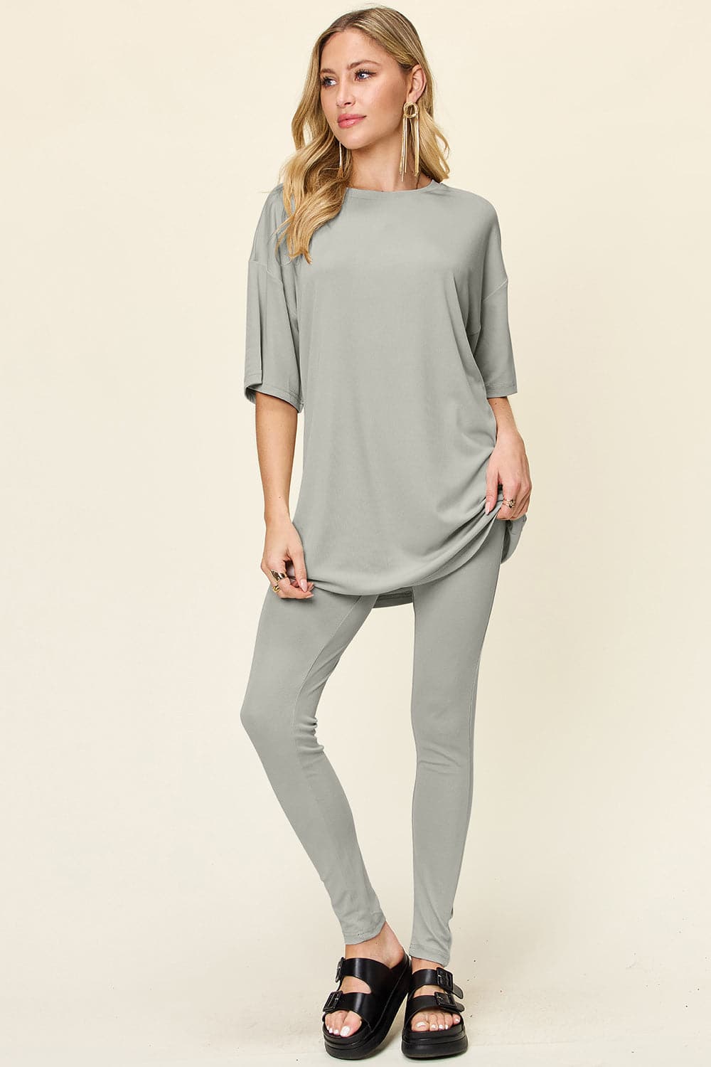 Double Take Full Size Round Neck Dropped Shoulder T-Shirt and Leggings Set.