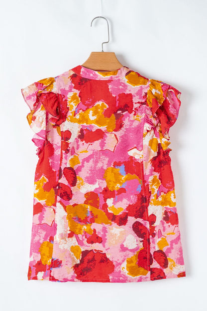 Red Ruffled V Neck Blouse with Abstract Print