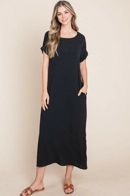 BOMBOM Round Neck Short Sleeve Midi Dress with Pockets.