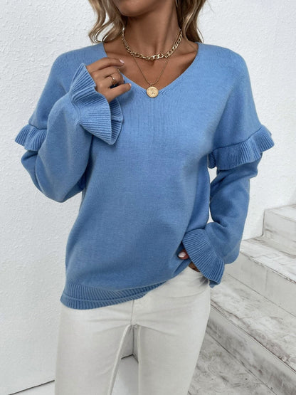 Ruffled V-Neck Dropped Shoulder Sweater.