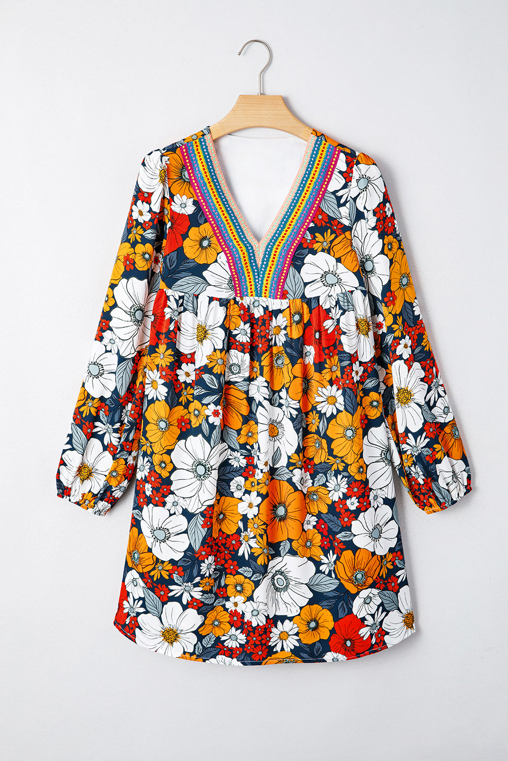 Orange Floral Print Lace V Neck Long Sleeve Mini Dress