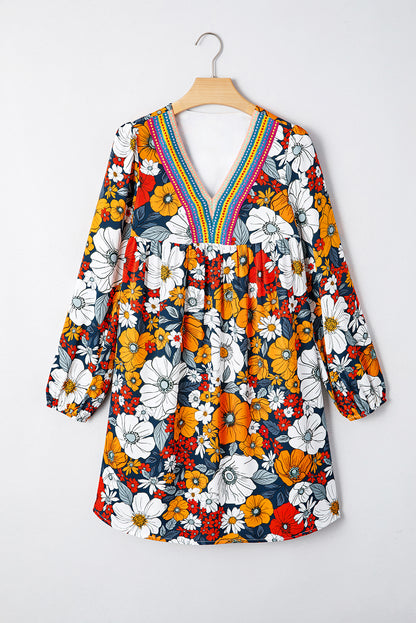 Orange Floral Print Lace V Neck Long Sleeve Mini Dress