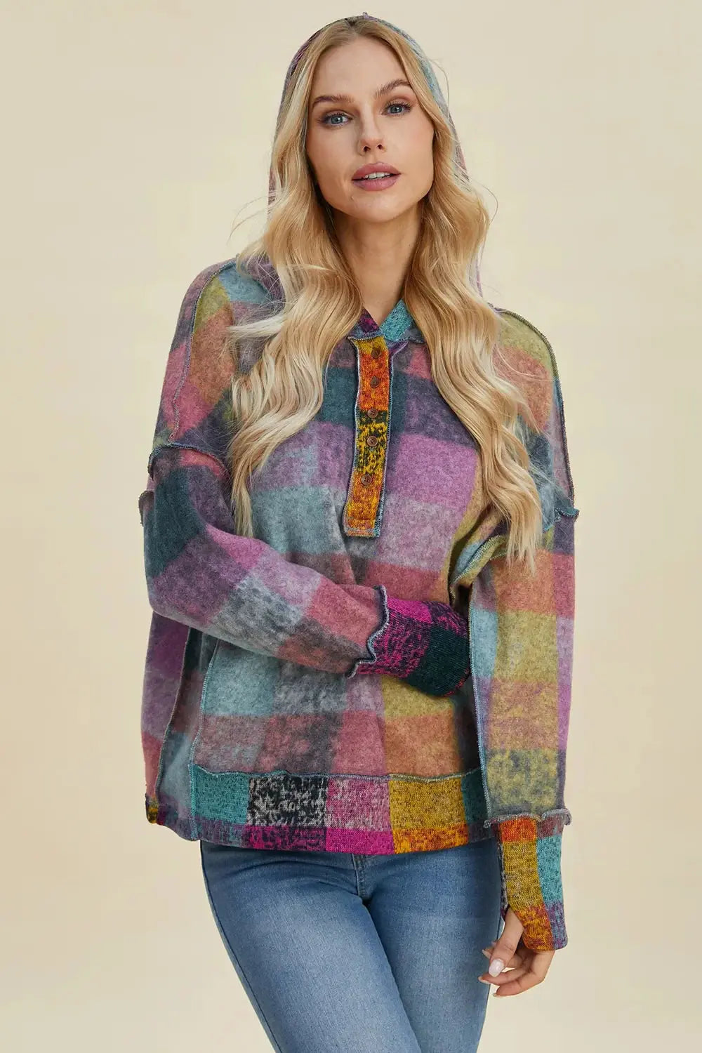 Double Take Full Size Plaid Dropped Shoulder Fleece Hoodie - Love Salve