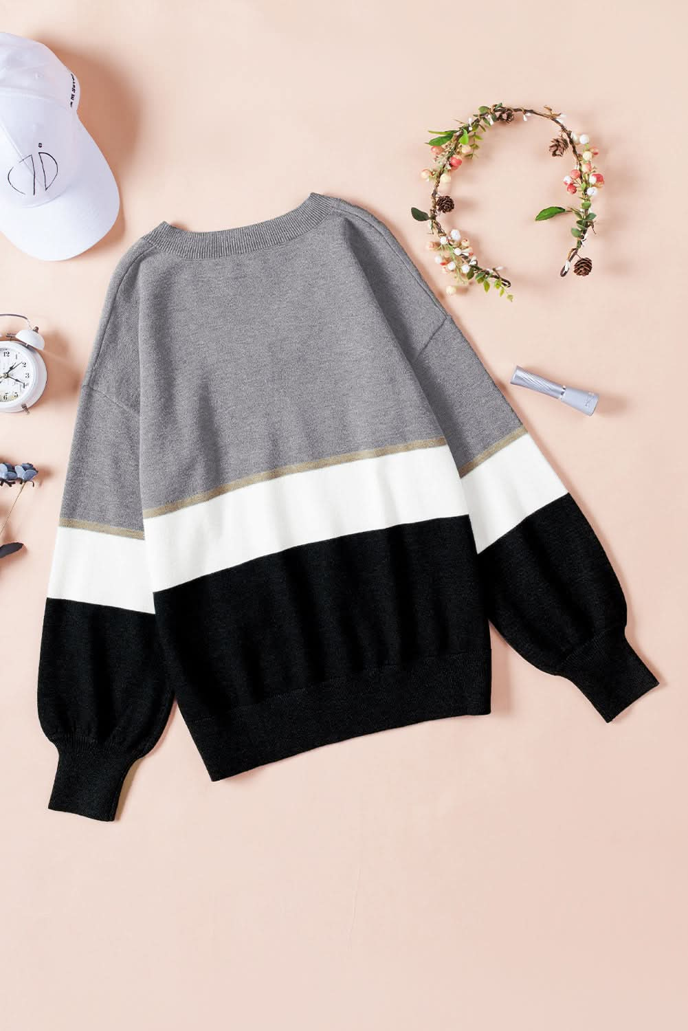 Color Block V Neck Long Sleeve Sweater