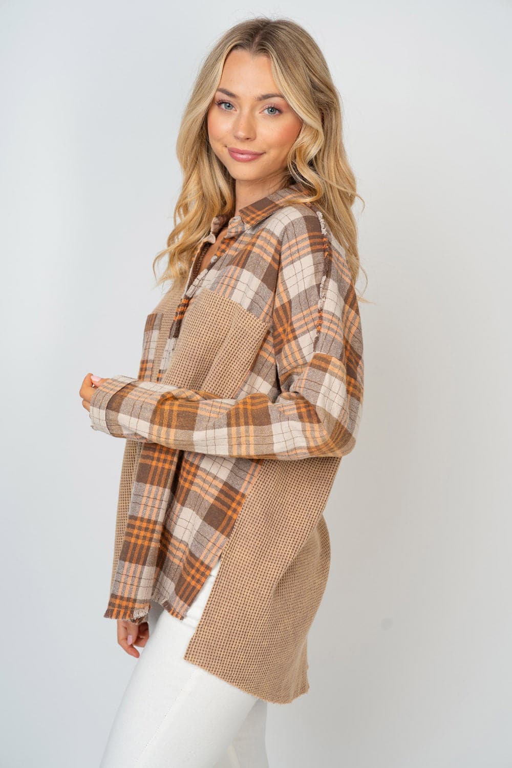 White Birch Full Size Contrast Plaid Button Down Shirt.