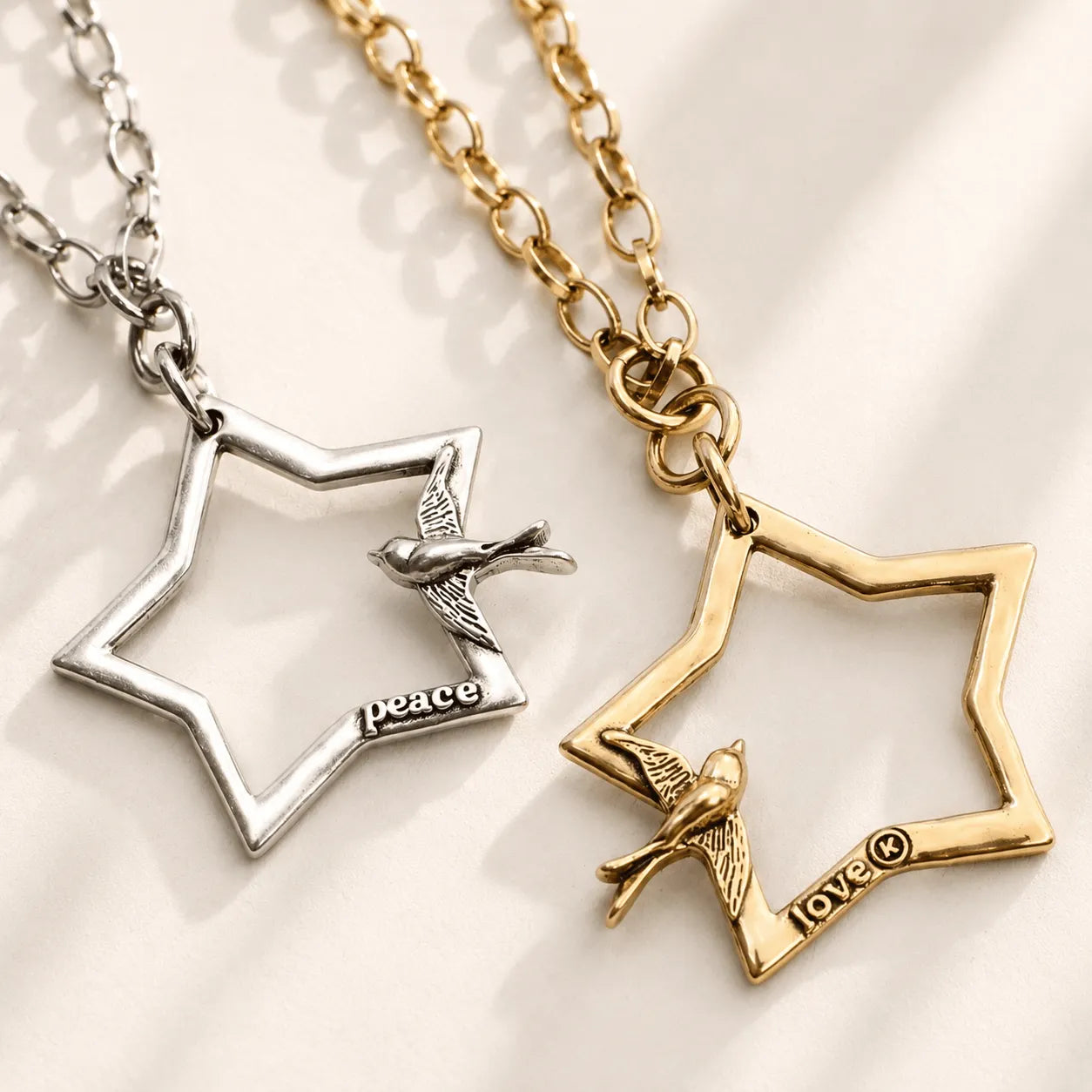 Katia Designs Peace & Love Star and Bird Original Lite Necklace, featuring a long chain, crystal quartz, and elegant peace sy