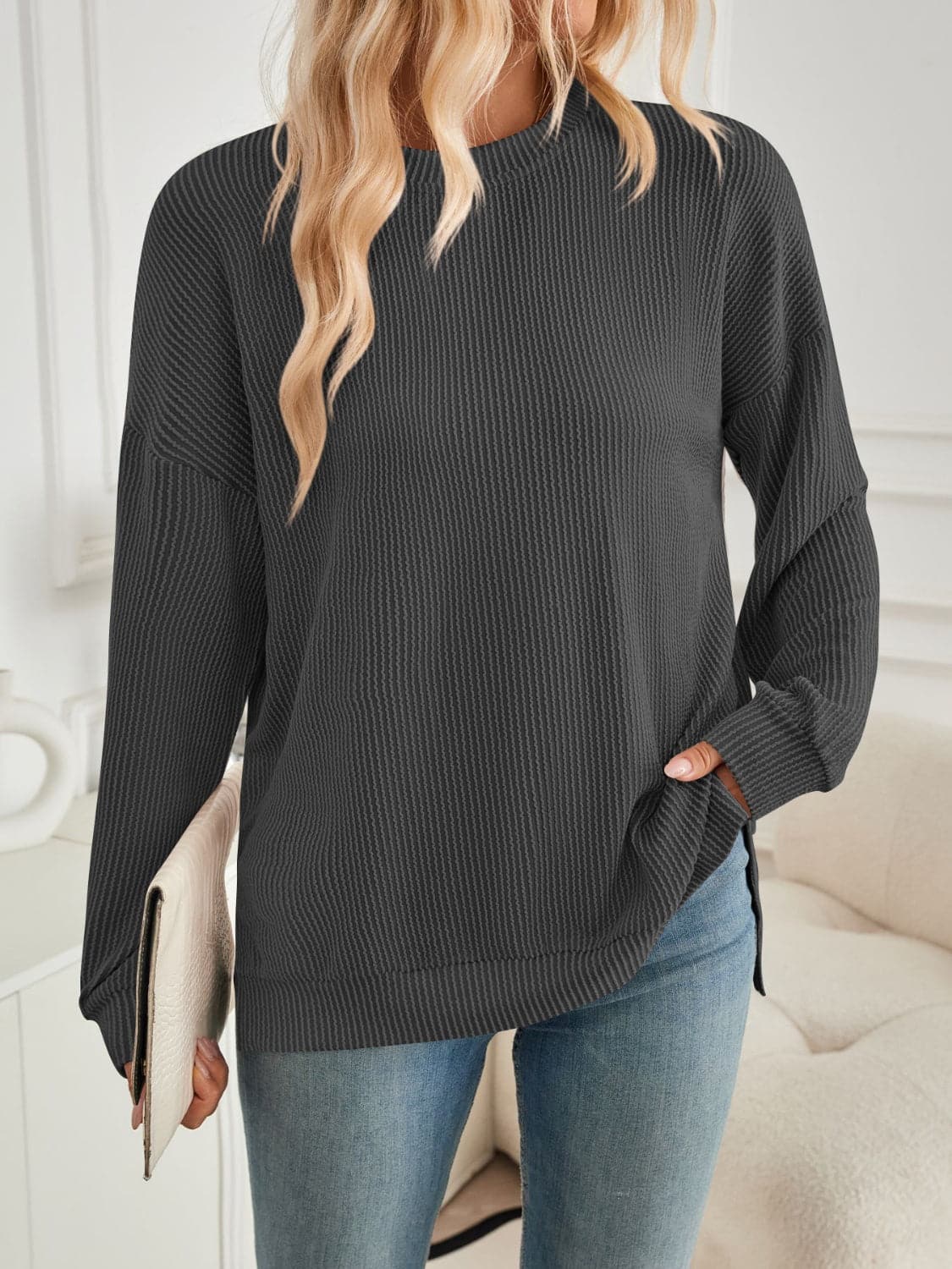 Slit Round Neck Long Sleeve Sweatshirt.