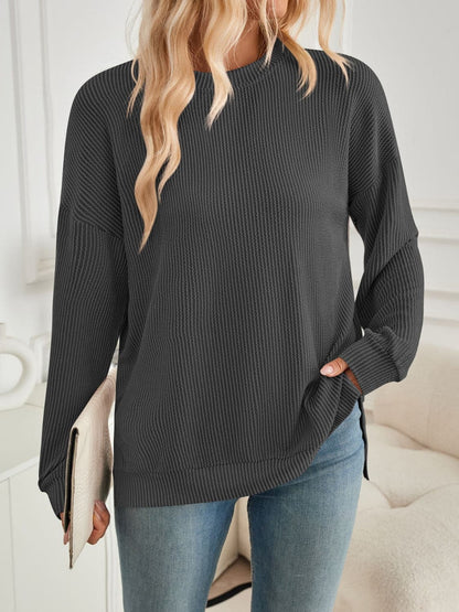 Slit Round Neck Long Sleeve Sweatshirt.