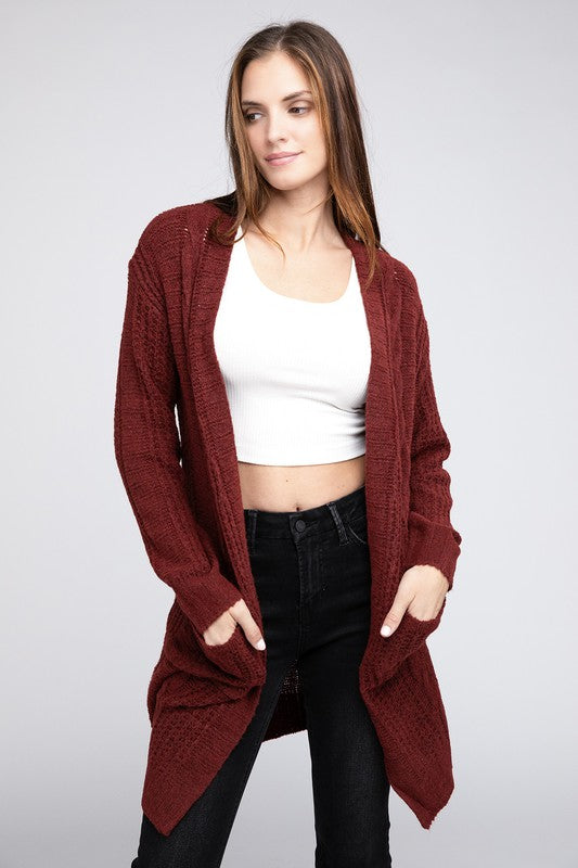 Twisted texture open front cardigan with pockets