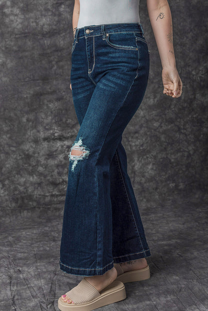 Chic real teal high-waisted ripped flare jeans