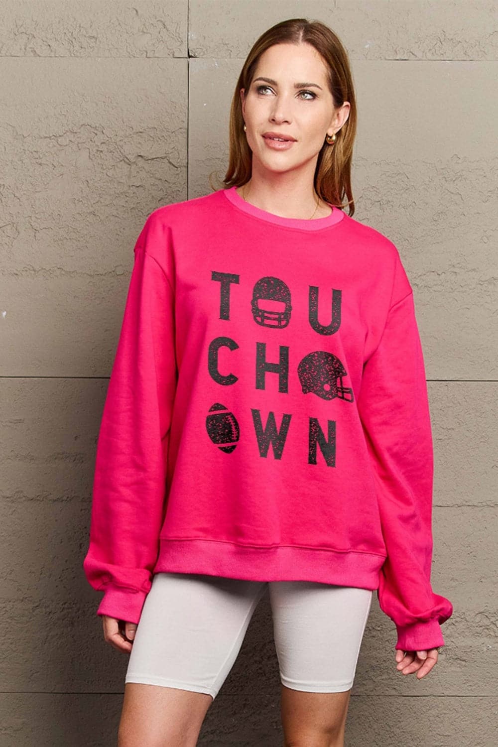 Simply Love Full Size TOUCHDOWN Long Sleeve Sweatshirt.