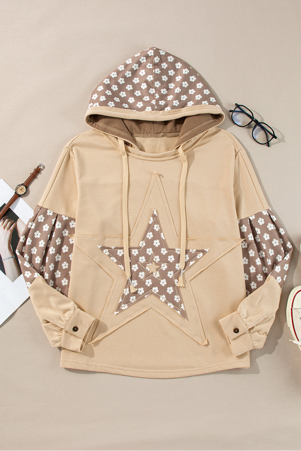 Apricot floral star patch hoodie