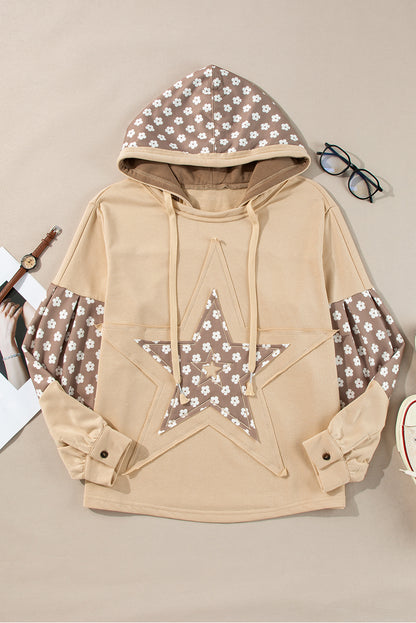 Floral star patchwork hoodie with adjustable drawstring