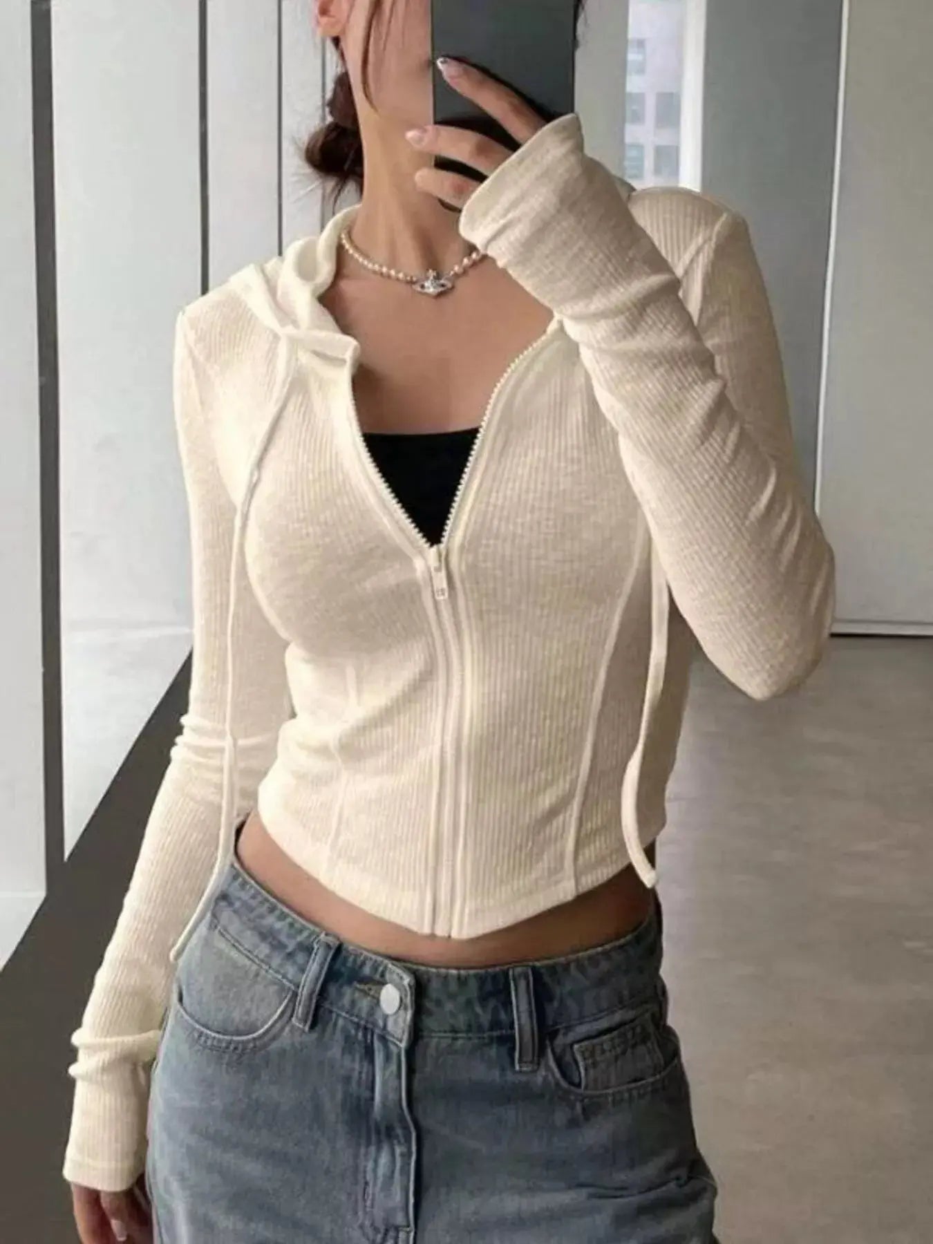 Ribbed Knit Cropped Zip-Up Outerwear Simply Love