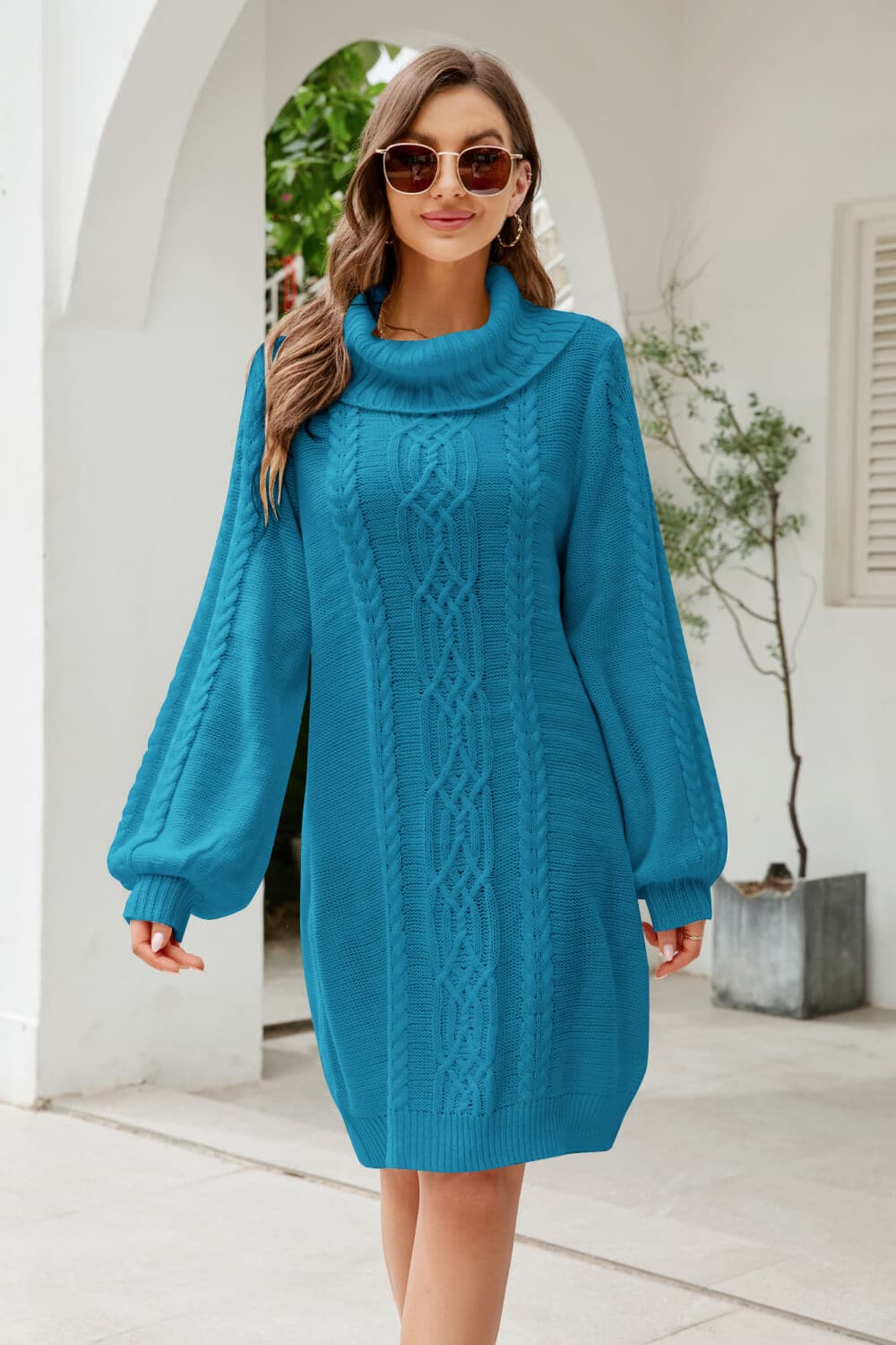 Woven Right Mixed Knit Turtleneck Lantern Sleeve Sweater Dress.