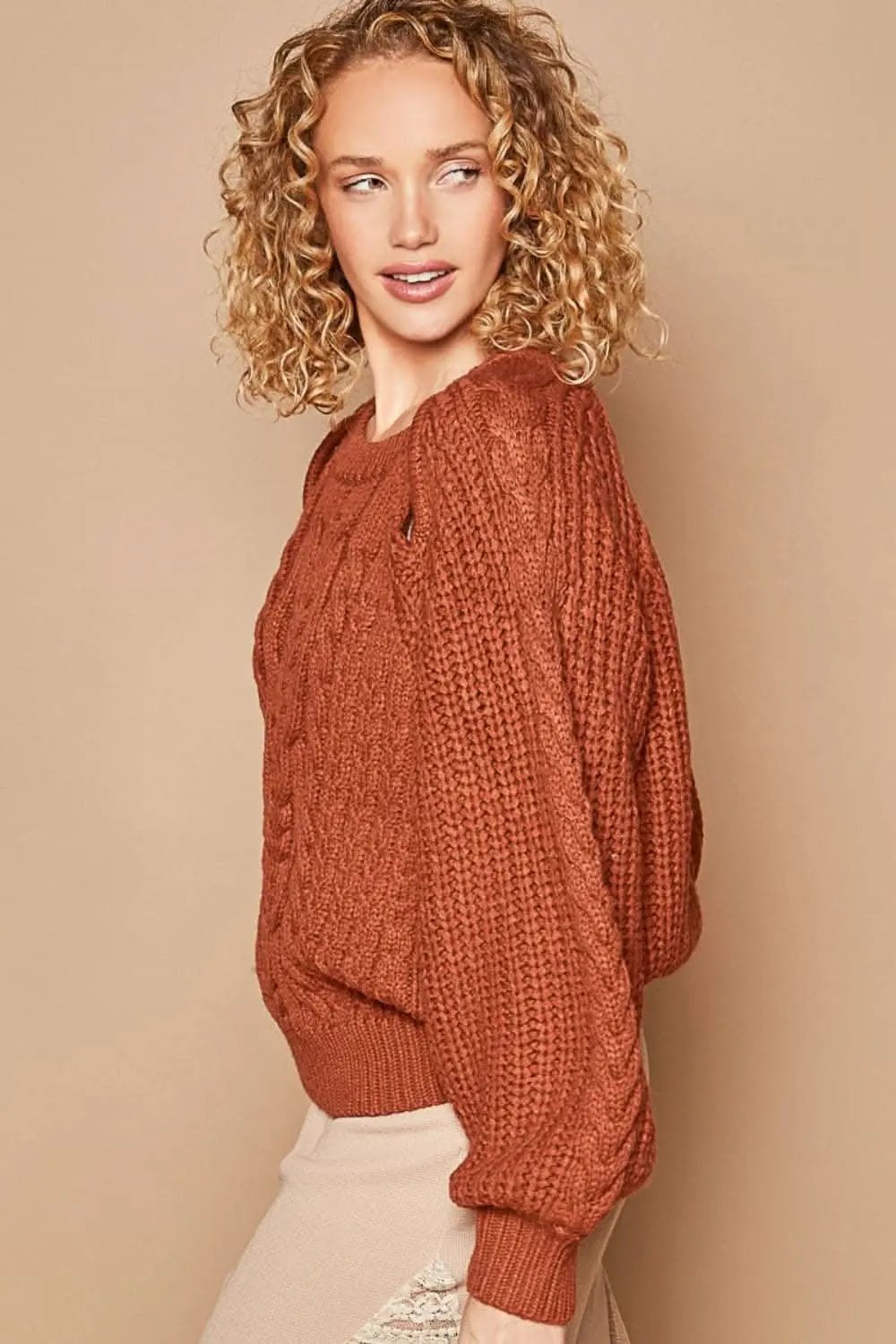 Chic cable knit long sleeve sweater with stylish cutout detail - Love Salve 