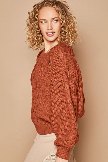 POL Cable Knit Cutout Long Sleeve Sweater.