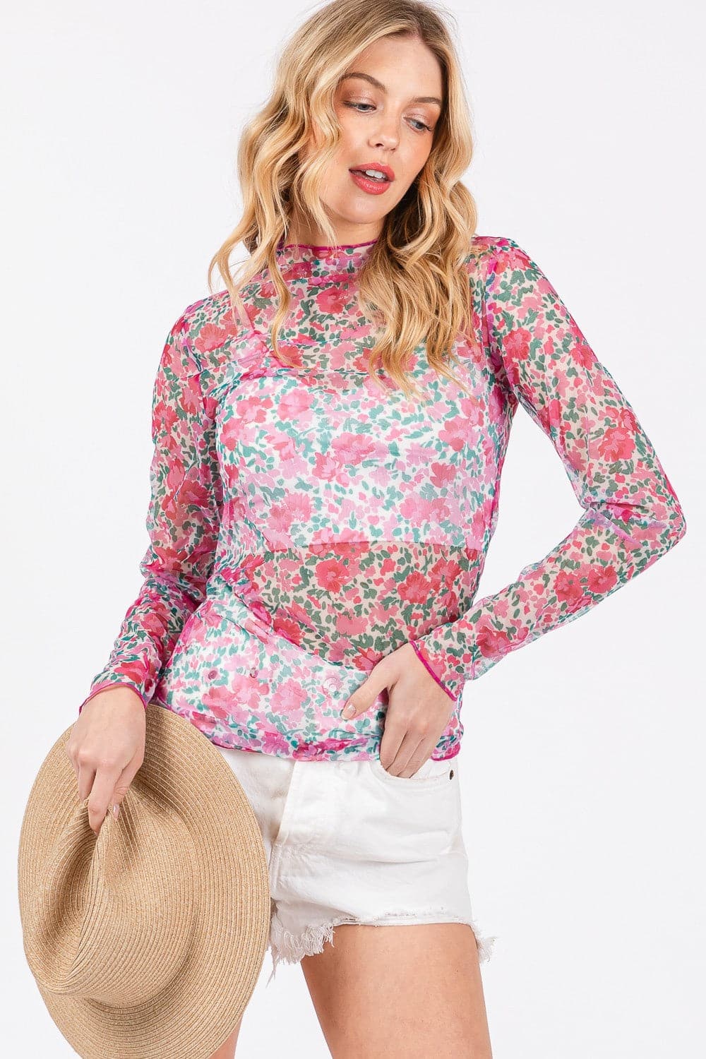 SAGE + FIG Floral Mesh Long Sleeve TopThe Floral Mesh Long Sleeve Top is a stylish and trendy addition to your wardrobe. Featuring a delicate floral pattern on breathable mesh fabric, this top is perfectLove Salve SAGE + FIG Floral Mesh Long Sleeve TopShirts