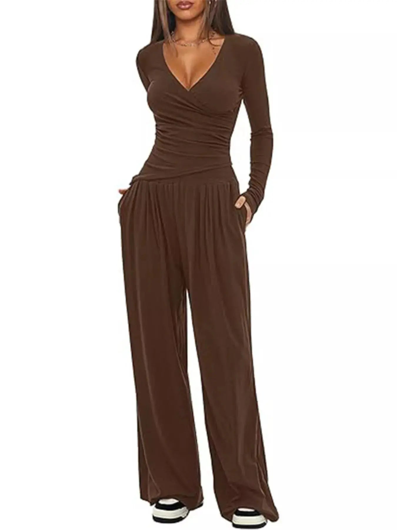 Casual Brown Long Sleeve Wrap Top And Wide Leg Pants Two-Piece Set Simply Love