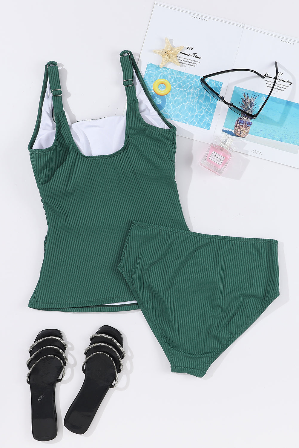 Chic black green ruched tankini set