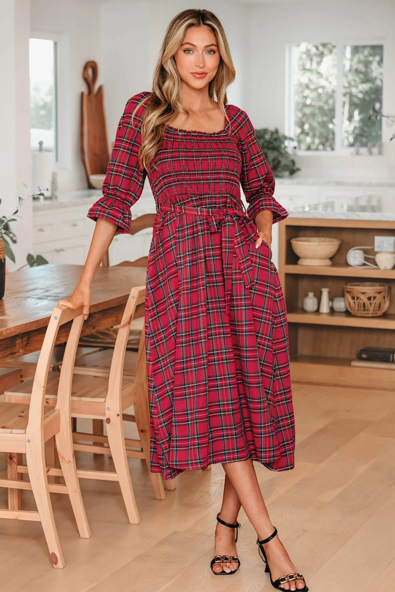 Red Tartan Plaid Square Neck Puff Sleeve Knot Waist Flared Midi Dress Dear-Lover Dropshipping