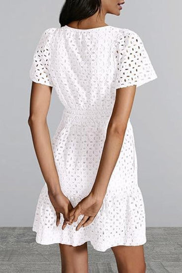 Sheer eyelet mini dress with sleeves