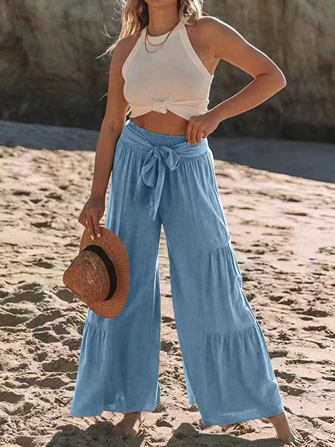 Tied Ruched Wide Leg Pants.