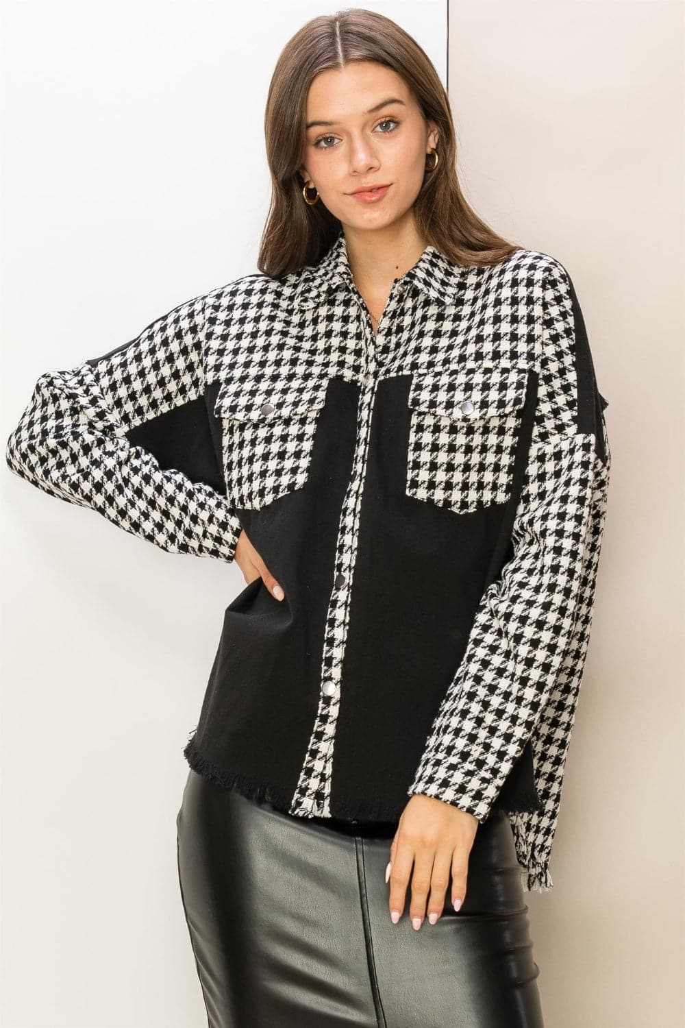 HYFVE Houndstooth Contrast Raw Hem Jacket.