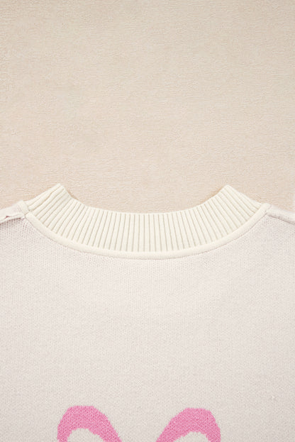 Pink Bow Print Ribbed Trim Drop Shoulder Loose Sweater