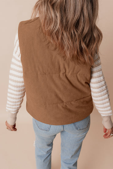 Cozy coffee corduroy puffer vest with stand neck and zipper closure