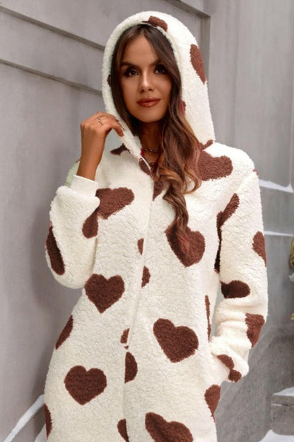 Fuzzy Heart Zip Up Hooded Lounge Jumpsuit.