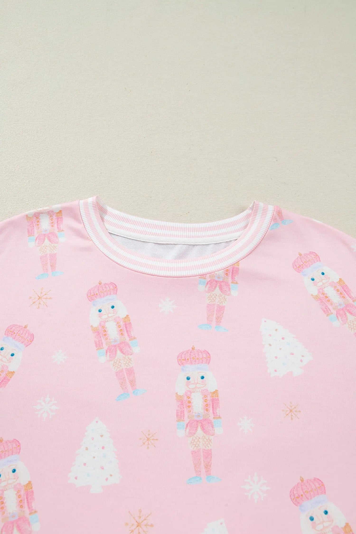Pink Christmas Tree Nutcracker Doll Print Contrast Trim Sleeve Top Shorts Set Dear-Lover Dropshipping