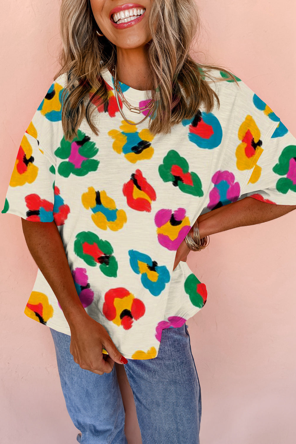 Apricot Leopard Drop Shoulder Oversize Tee - Main product image Tops/Tops & Tees by Divine Design4U