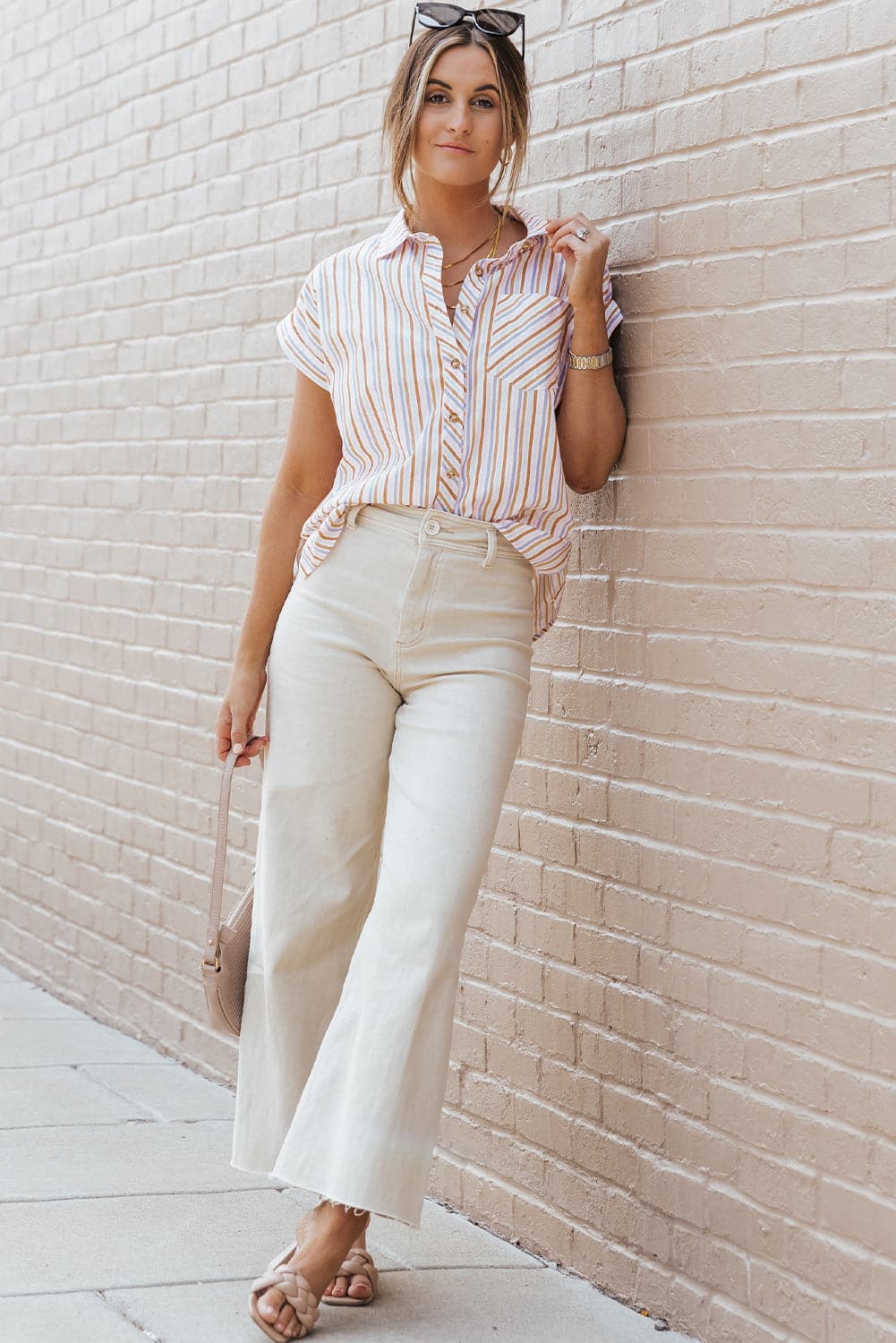 Pocketed Striped Collared Neck Short Sleeve Shirt.