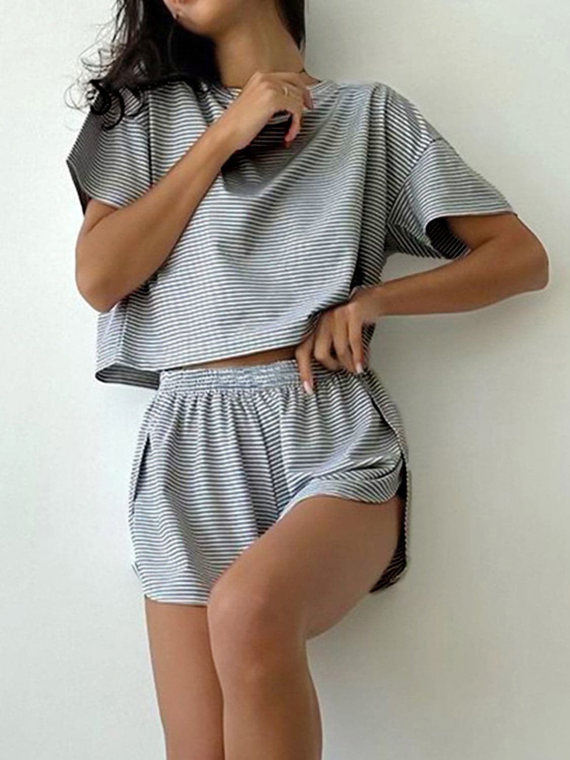 Striped Round Neck Top and Shorts Set.