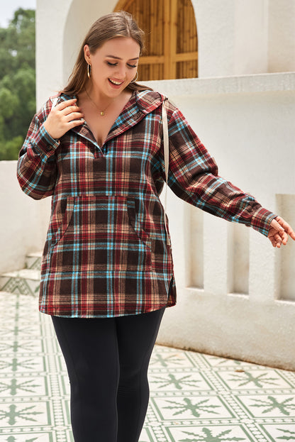 Chic fiery red plaid plus size hoodie with kangaroo pocket