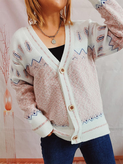 Geometric Button Front Long Sleeve Cardigan.