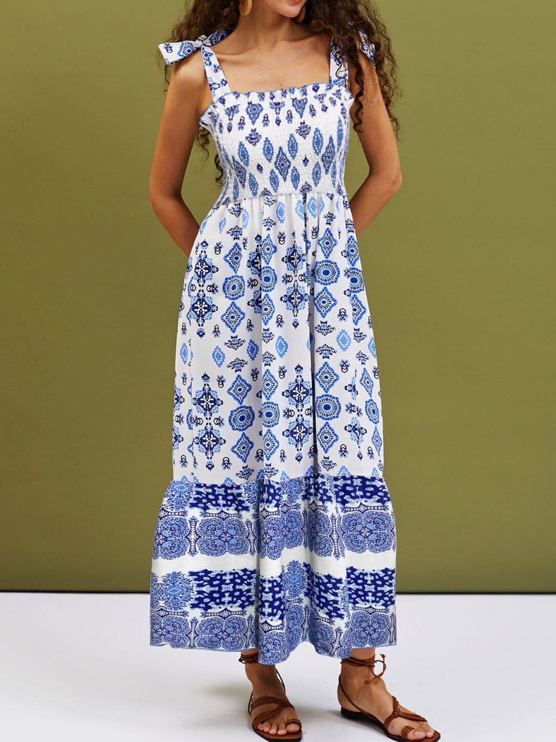 Smocked Printed Square Neck Cami Dress.