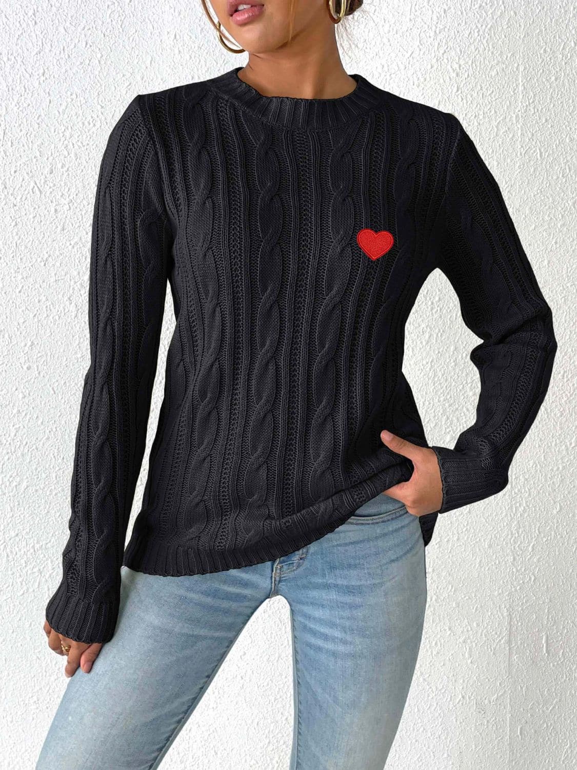 Cozy cable-knit heart sweater with long sleeves