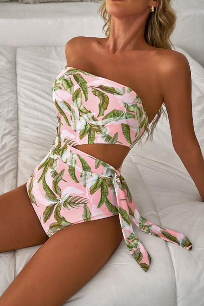 Vibrant Pink Asymmetric Cutout Halter Backless Swimsuit